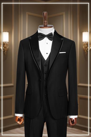 Damatlık İtalyan Kesim Slim Fit Yelekli Şal Yaka Siyah SD42357