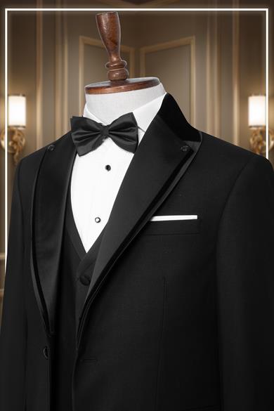 Damatlık İtalyan Kesim Slim Fit Yelekli Şal Yaka Siyah SD42357