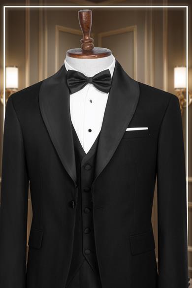 Damatlık İtalyan Kesim Slim Fit Yelekli Şal Yaka Siyah SD42355