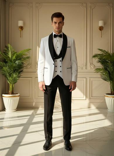 Damatlık İtalyan Kesim Slim Fit Yelekli Beyaz SD42216