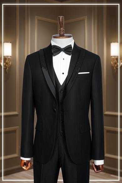 Damatlık İtalyan Kesim Slim Fit Yelekli Simli Krılangıç Yaka Siyah SD42359