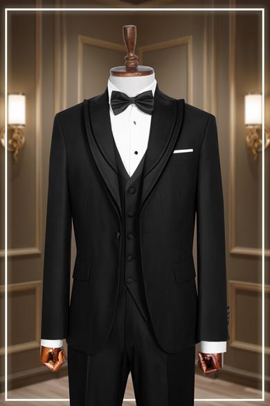 Damatlık İtalyan Kesim Slim Fit Yelekli Krılangıç Yaka Siyah SD42360