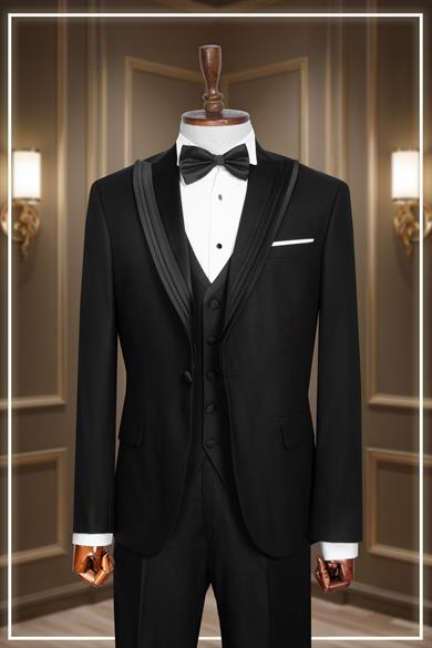 Damatlık İtalyan Kesim Slim Fit Yelekli Krılangıç Yaka Siyah SD42358