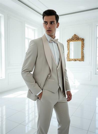 Damatlık İtalyan Kesim Slim Fit Yelekli Şal Yaka Krem SD42219