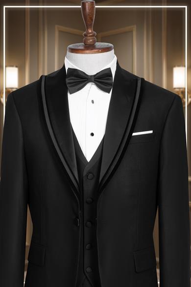 Damatlık İtalyan Kesim Slim Fit Yelekli Krılangıç Yaka Siyah SD42361