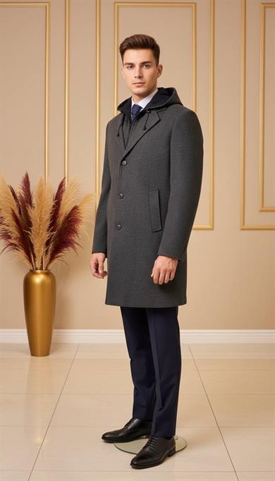 Erkek Gri Kapşonlu Kaban SD42229