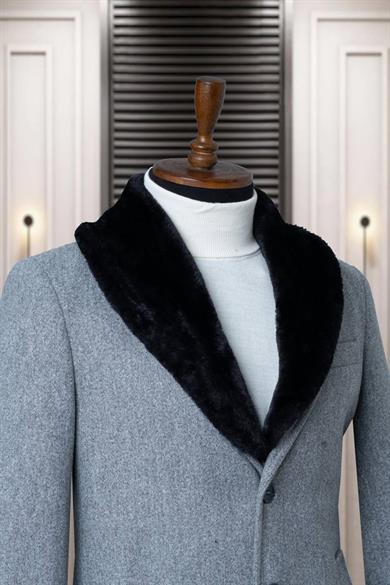 Erkek Kaban Kaşe Kaşmir Gri Kürklü SD7835
