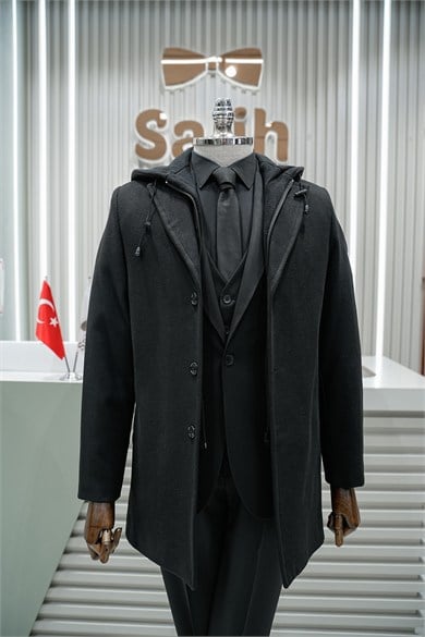 Erkek Siyah Kapşonlu Kaban SD42505