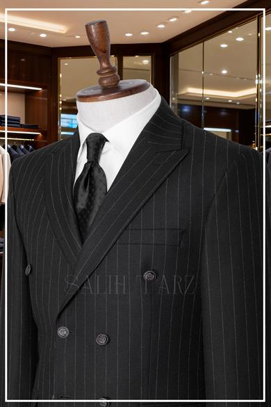 İtalyan Kesim Eşref Model Çizgili Siyah Kruvaze Takım Elbise – SD42346