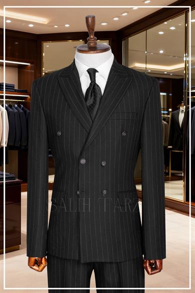 İtalyan Kesim Eşref Model Çizgili Siyah Kruvaze Takım Elbise – SD42346