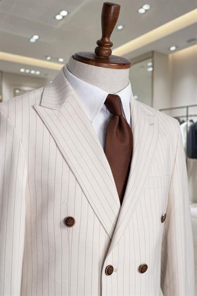 İtalyan Kesim Slim Fit Çizgili Bej Kruvaze Takım Elbise – SD42299
