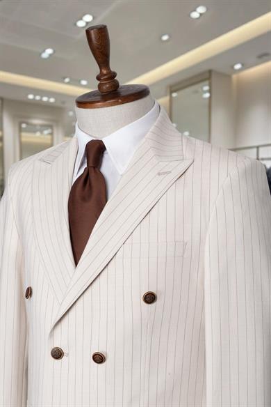 İtalyan Kesim Slim Fit Çizgili Bej Kruvaze Takım Elbise – SD42299