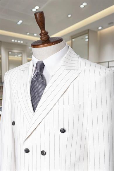 İtalyan Kesim Slim Fit Çizgili Beyaz Kruvaze Takım Elbise – SD42301