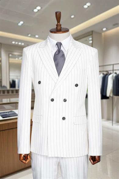 İtalyan Kesim Slim Fit Çizgili Beyaz Kruvaze Takım Elbise – SD42301