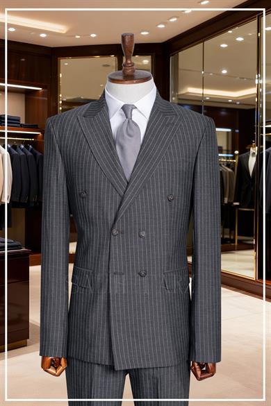İtalyan Kesim Slim Fit Çizgili Füme Kruvaze Takım Elbise – SD42344