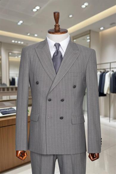 İtalyan Kesim Slim Fit Çizgili Gri Kruvaze Takım Elbise – SD42303