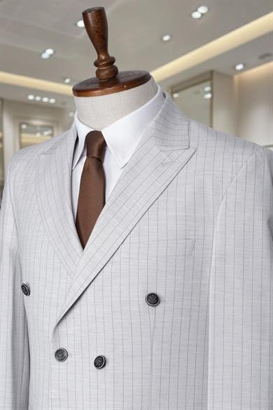 İtalyan Kesim Slim Fit Çizgili Gri Kruvaze Takım Elbise – SD42302