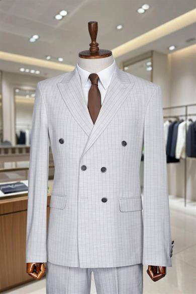 İtalyan Kesim Slim Fit Çizgili Gri Kruvaze Takım Elbise – SD42302