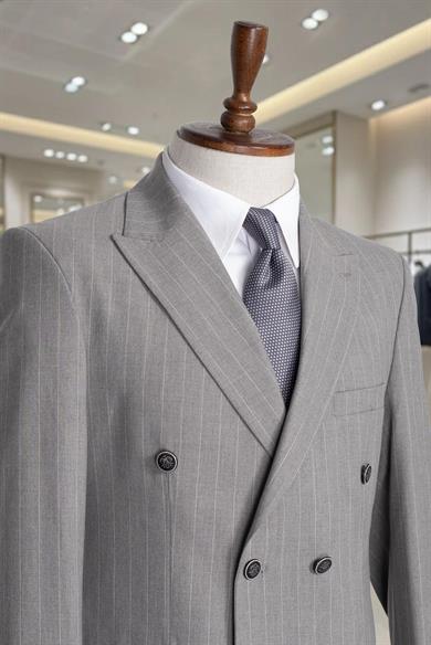 İtalyan Kesim Slim Fit Çizgili Gri Kruvaze Takım Elbise – SD42303