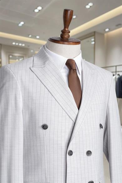 İtalyan Kesim Slim Fit Çizgili Gri Kruvaze Takım Elbise – SD42302