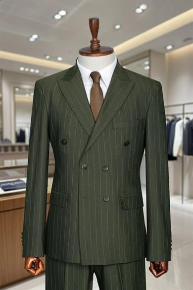 İtalyan Kesim Slim Fit Çizgili Haki Yeşil Kruvaze Takım Elbise – SD42304