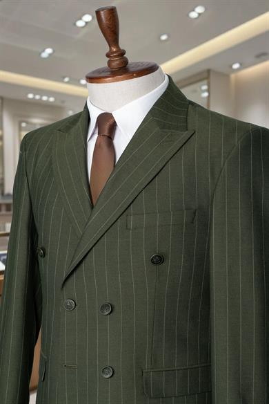 İtalyan Kesim Slim Fit Çizgili Haki Yeşil Kruvaze Takım Elbise – SD42304