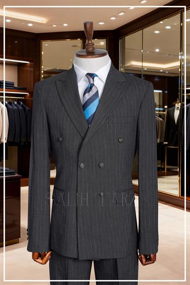 İtalyan Kesim Slim Fit Çizgili Laci Kruvaze Takım Elbise – SD42345