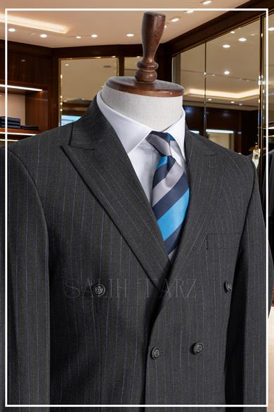 İtalyan Kesim Slim Fit Çizgili Laci Kruvaze Takım Elbise – SD42345
