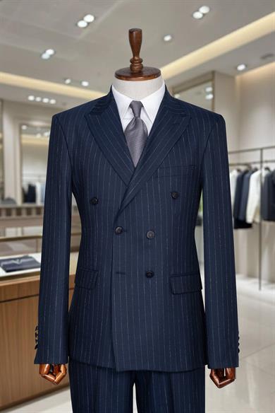 İtalyan Kesim Slim Fit Çizgili Lacivert Kruvaze Takım Elbise – SD42306