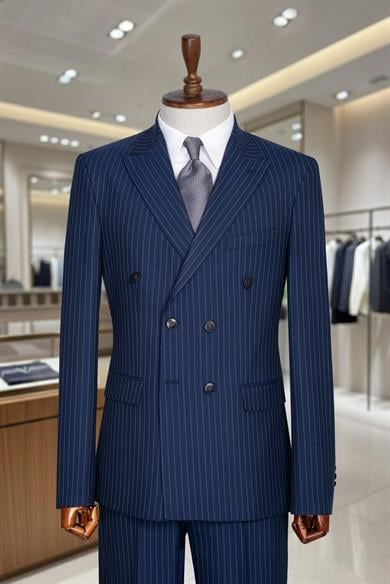 İtalyan Kesim Slim Fit Çizgili Lacivert Kruvaze Takım Elbise – SD42307