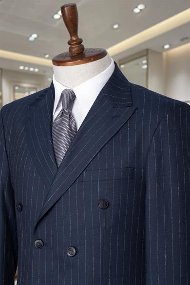 İtalyan Kesim Slim Fit Çizgili Lacivert Kruvaze Takım Elbise – SD42306