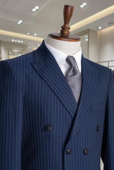 İtalyan Kesim Slim Fit Çizgili Lacivert Kruvaze Takım Elbise – SD42307