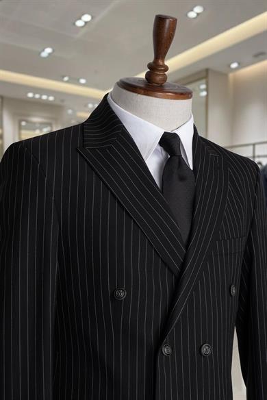 İtalyan Kesim Slim Fit Çizgili Siyah Kruvaze Takım Elbise – SD42308