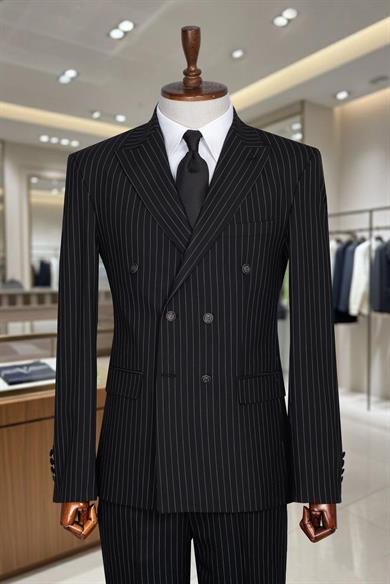 İtalyan Kesim Slim Fit Çizgili Siyah Kruvaze Takım Elbise – SD42308