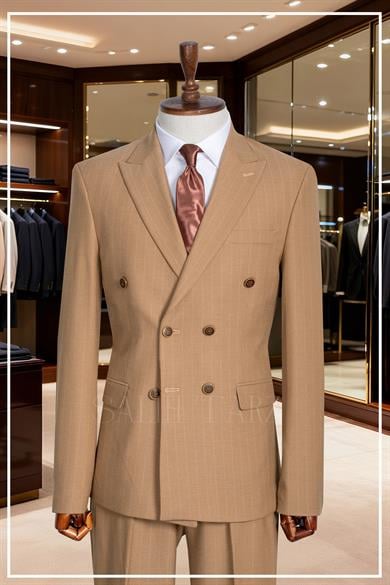 İtalyan Kesim Slim Fit Çizgili Vizon Kruvaze Takım Elbise – SD42343