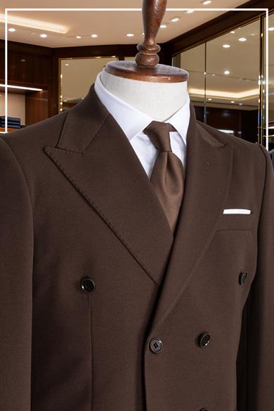 İtalyan Kesim Slim Fit Kahve Kruvaze Takım Elbise | Yaka Puntolu Özel Tasarım SD42341