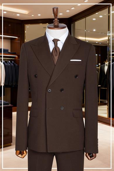 İtalyan Kesim Slim Fit Kahve Kruvaze Takım Elbise | Yaka Puntolu Özel Tasarım SD42341