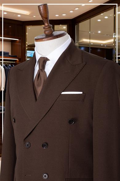 İtalyan Kesim Slim Fit Kahve Kruvaze Takım Elbise | Yaka Puntolu Özel Tasarım SD42341