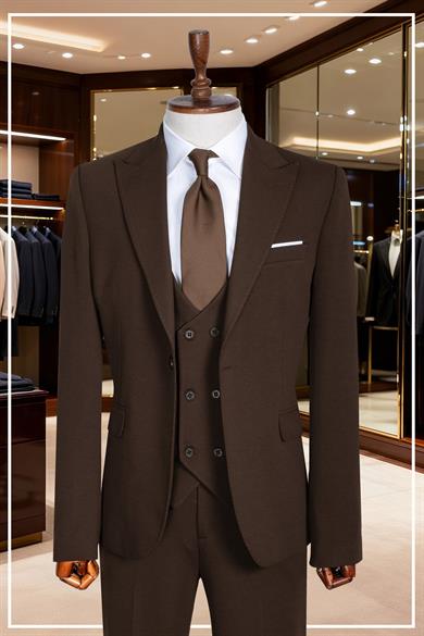 İtalyan Kesim Slim Fit Kahve Yelekli Takım Elbise | Yaka Puntolu Özel Tasarım SD42350