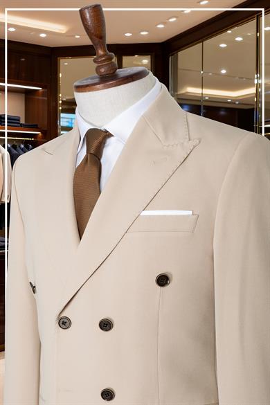 İtalyan Kesim Slim Fit Krem Kruvaze Takım Elbise | Yaka Puntolu Özel Tasarım SD42339