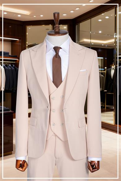 İtalyan Kesim Slim Fit Krem Yelekli Takım Elbise SD42353