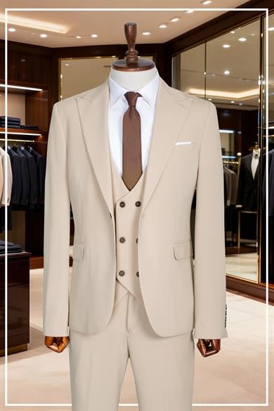 İtalyan Kesim Slim Fit Krem Yelekli Takım Elbise | Yaka Puntolu Özel Tasarım SD42349