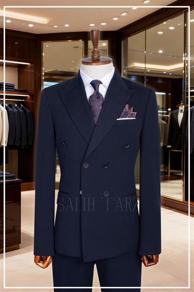 İtalyan Kesim Slim Fit Lacivert Kruvaze Takım Elbise | Yaka Puntolu Özel Tasarım SD42340