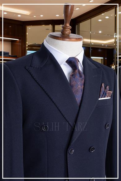 İtalyan Kesim Slim Fit Lacivert Kruvaze Takım Elbise | Yaka Puntolu Özel Tasarım SD42340