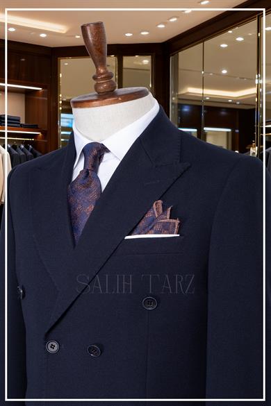 İtalyan Kesim Slim Fit Lacivert Kruvaze Takım Elbise | Yaka Puntolu Özel Tasarım SD42340