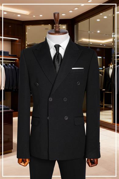 İtalyan Kesim Slim Fit Siyah Kruvaze Takım Elbise | Yaka Puntolu Özel Tasarım SD42338