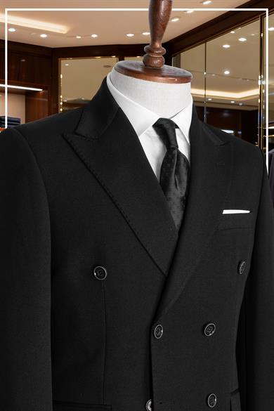 İtalyan Kesim Slim Fit Siyah Kruvaze Takım Elbise | Yaka Puntolu Özel Tasarım SD42338