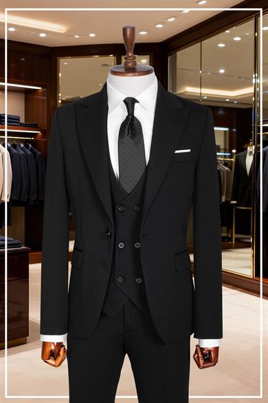 İtalyan Kesim Slim Fit Siyah Yelekli Takım Elbise SD42352