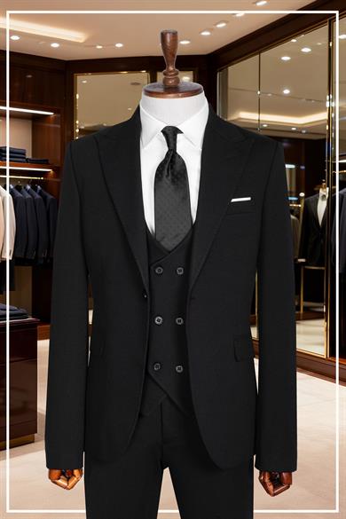 İtalyan Kesim Slim Fit Siyah Yelekli Takım Elbise | Yaka Puntolu Özel Tasarım SD42348