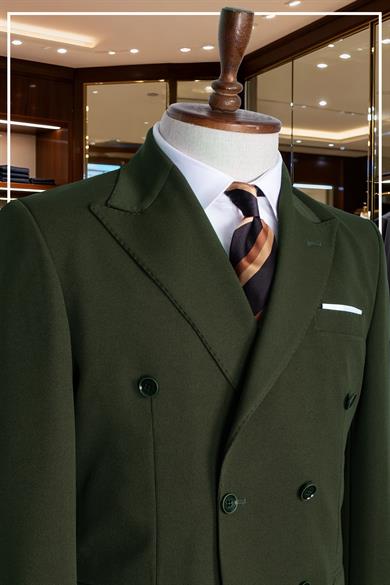 İtalyan Kesim Slim Fit Yeşil Kruvaze Takım Elbise | Yaka Puntolu Özel Tasarım SD42342